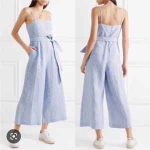 J. Crew blue stripe linen tie waist jumpsuit